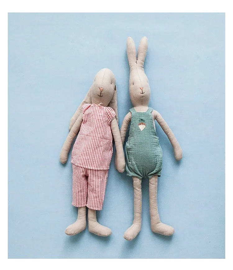 Large Lop Rabbit Cotton Toy with Removable Bib Overalls Cuddly Baby Dolls for Sleep Handmade Linen Fabric Bunny Doll For Girls