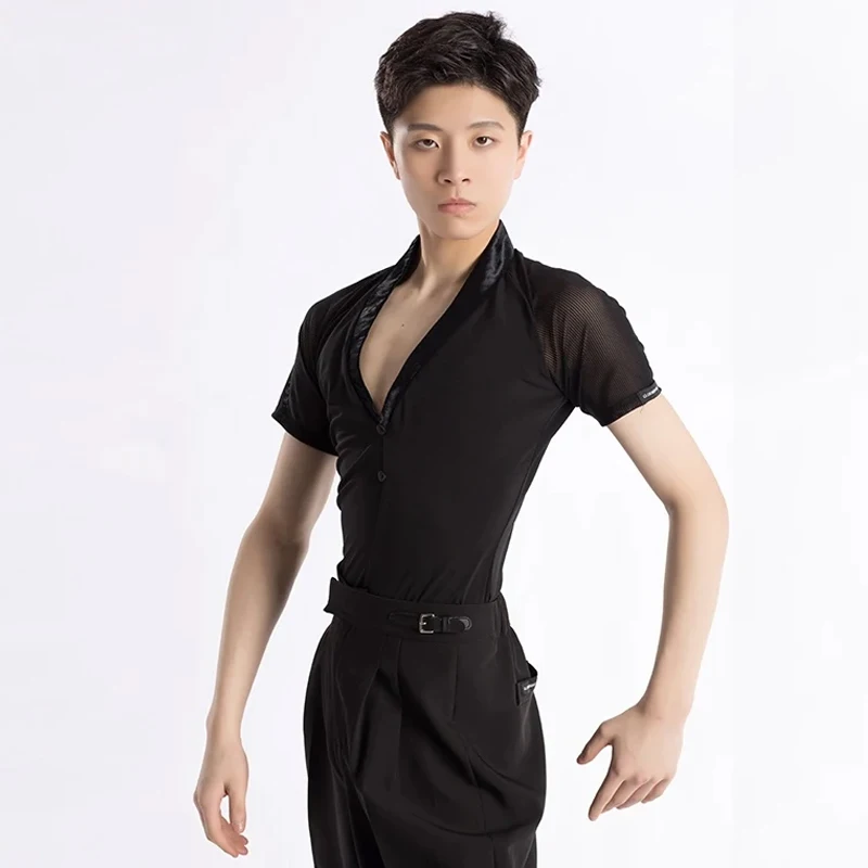 Sommer männer Latin Dance Top Schwarz Kurzarm Tops Erwachsene V-ausschnitt Mesh Training Kleidung Männlich Latin Praxis Dancewear VDL4081
