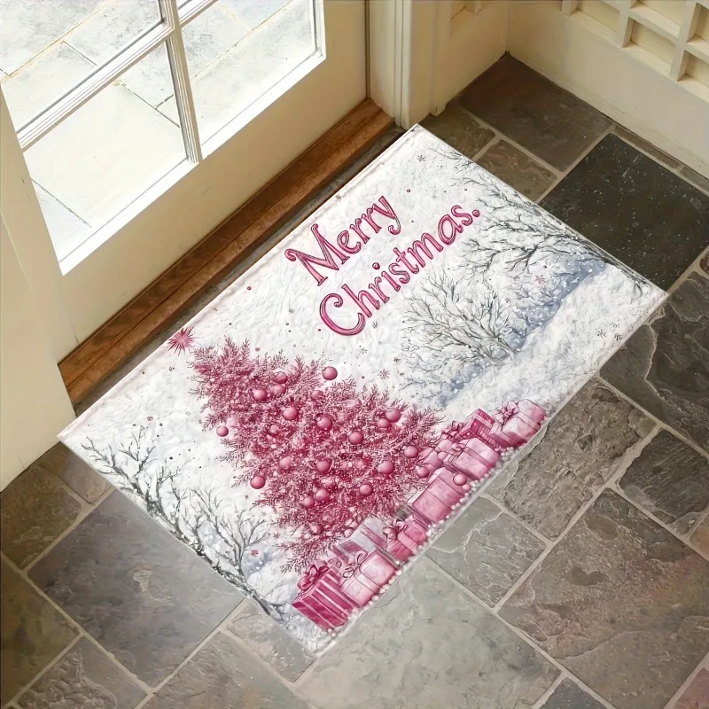 Festive Flannel Door Mat Pink Christmas Tree Gift Box Snow Scene Merry Christmas Decor Non‑Slip Floor Rug For Home Indoor Decor