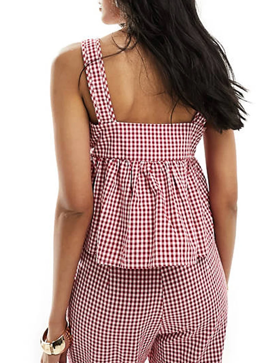 Women's Shoulder Tie Tank Tops Classic Plaid Print Sleeveless Square Neck Ruffle Babydoll Peplum Vest for Summer Y2k Aesthetic