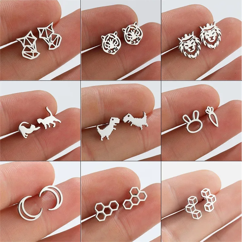 Stainless Steel Tiger Cat Moon Earrings For Girls Kids Rabbit Carrot Hexagon Dinosaur Stud Ear Pendientes Ear Jewelry Party Gift