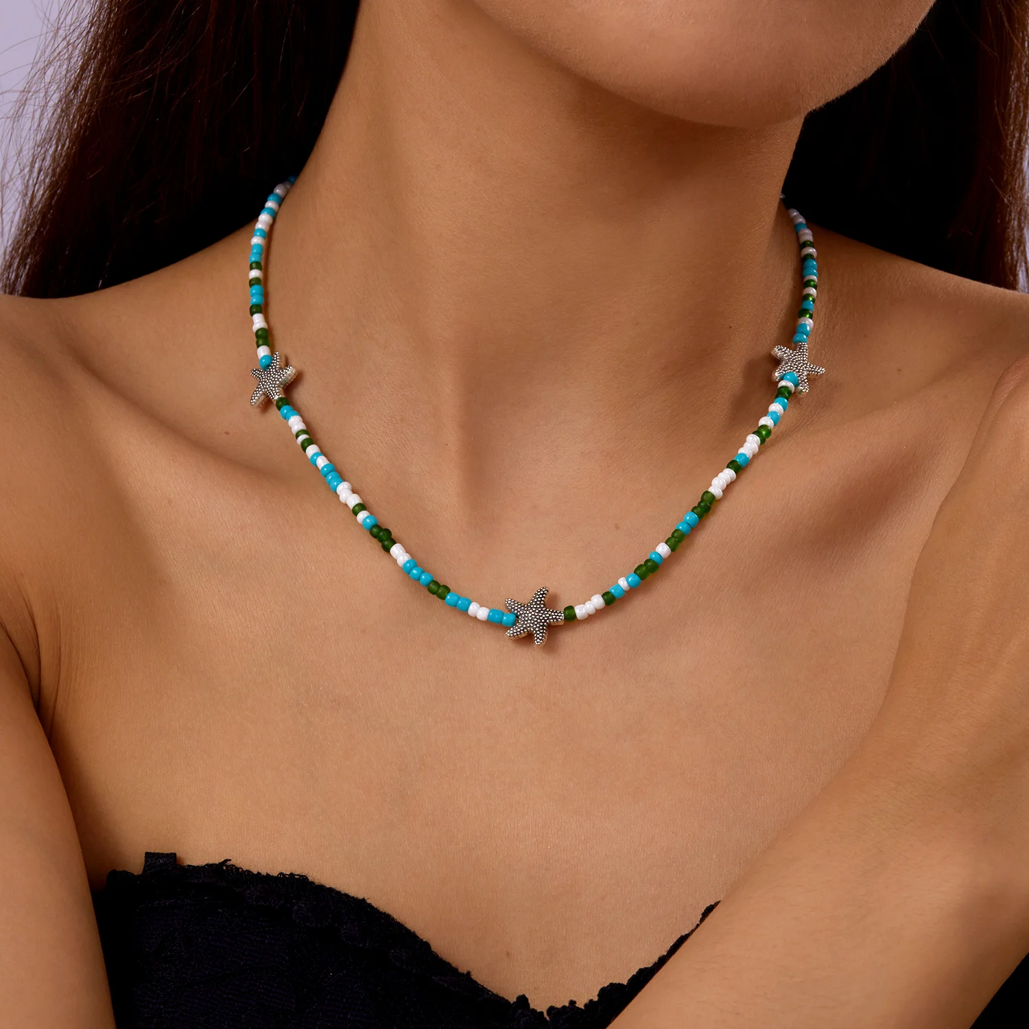 Unregelmäßige bunte Naturstein-Perlen-Halskette für Frauen, handgefertigt, böhmischer Seestern, Schlüsselbeinkette, Strandparty, Charm-Schmuck – Detail 18