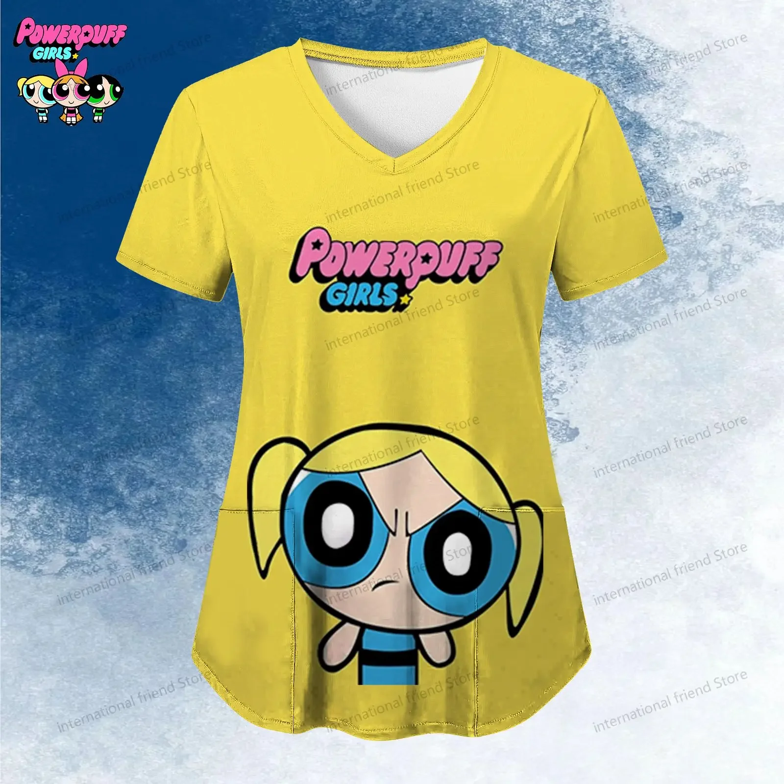 Women's V Neck Nurse Uniform T-Shirt Pocket The Powerpuff Girls Kawaii Summer Short Sleeve Cheap Top Youthful Woman Clothes Y2k