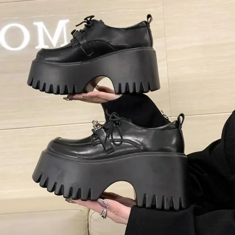 8CM Lolita buty damskie Mary Jane wiązane mokasyny dziewczęce jednolite buty na wysokich obcasach na platformie buty biurowe buty damskie Cosplay