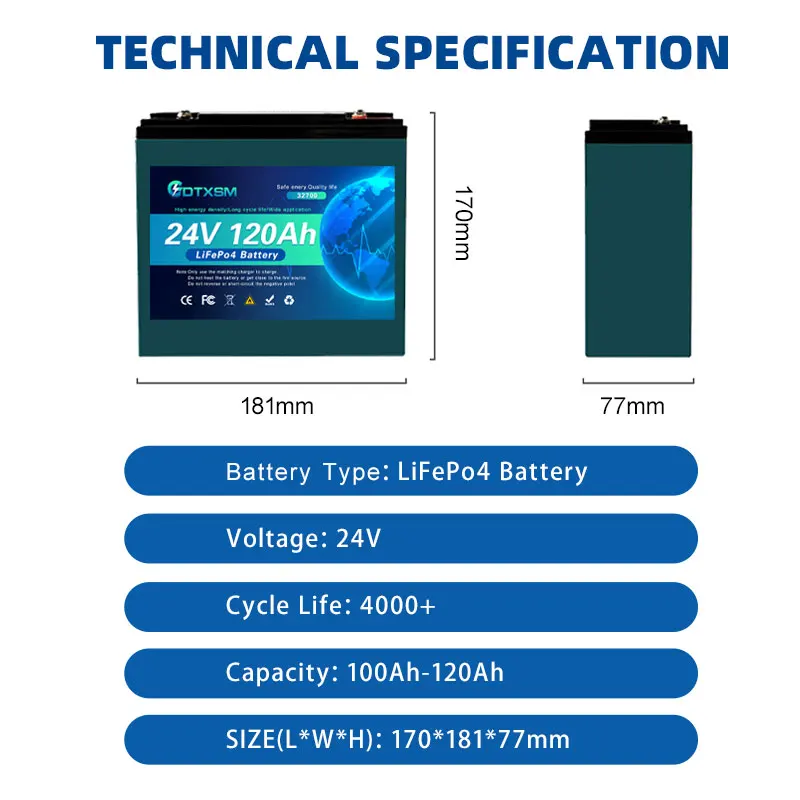 24V 100Ah LiFePO4 Lithium Battery Pack，Rechargeable Deep Cycle Storage Battery for Solar System RV Camping Off Grid Power Supply