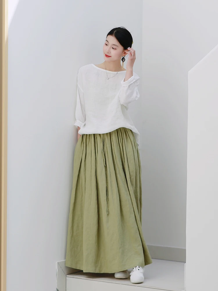 

Original Mokedai Women's A-Line Midi Skirt Long Casual Fre Linen Spring 2026 Commute Sle mid Waist Pure Color Skirt