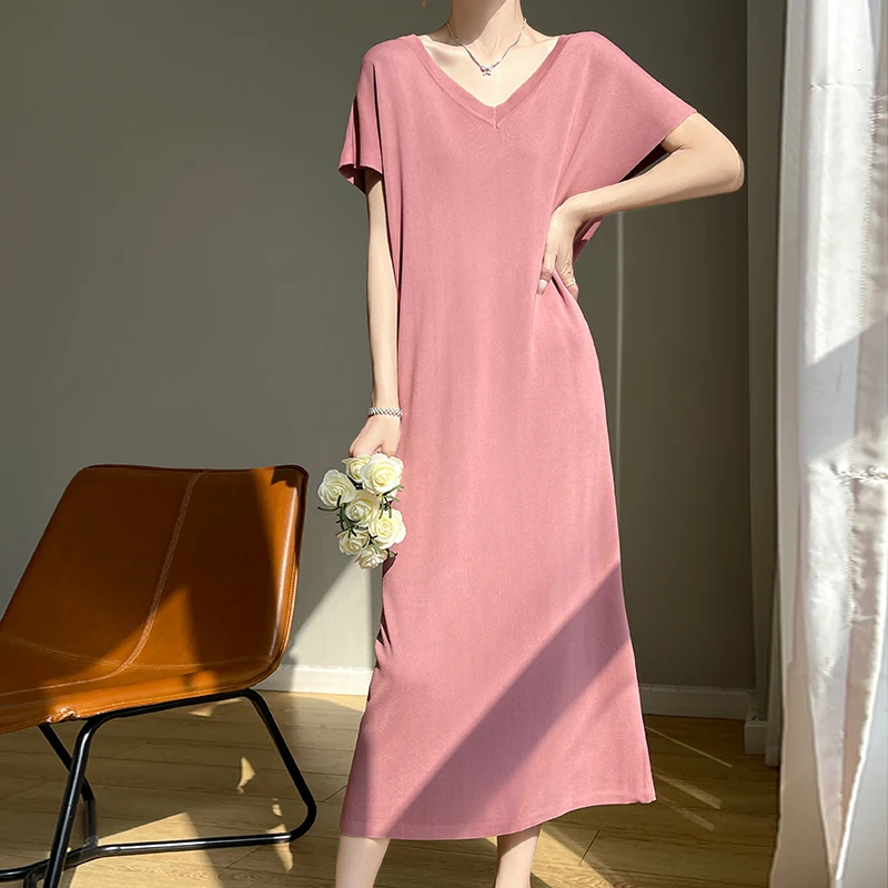 French Fashion Raglan Dress For Women's Summer V-Neck Ice Silk Breathable Loose Solid Color Dress