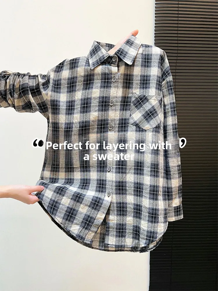 

Retro Hong Kong Style Plaid Shirt Women's Spring Fashion Layering Sweater Inner Wear Base Shirt Coat Autumn Winter