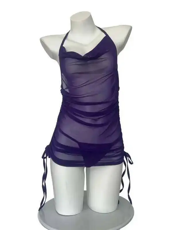 섹시한 핫걸 순수한 욕망 메쉬 서스펜더 드레스 여성용 주름진 힙 메쉬 시스루 나이트가운 드레스 우아한 한국 스타일 PU27