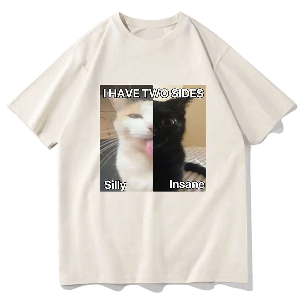Футболка с надписью «I has Two Sides Crazy Cat Meme», Мужская/женская одежда, футболка в стиле Харадзюку, топы в стиле унисекс, хлопковые футболки с графическим принтом