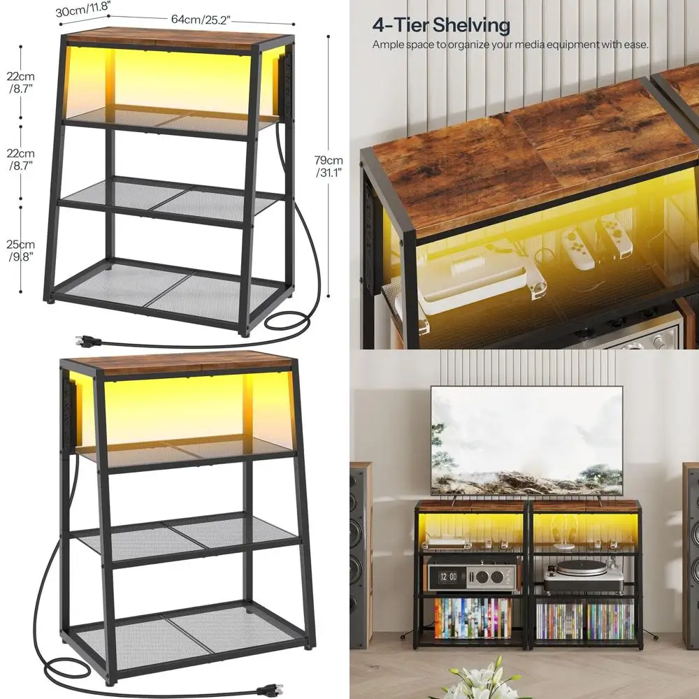 

4-Tier Wooden AV Media Stand with Charging Station, LED Light, Corner Entertainment Center, 30 Rustic Brown and Black
