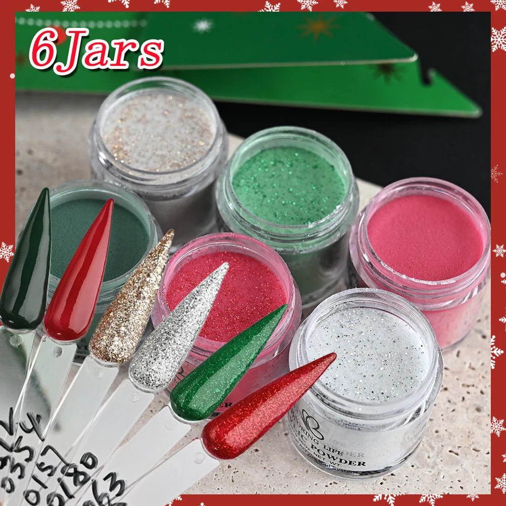 6 Słoików * 7g Profesjonalny Proszek Akrylowy Czerwony Zielony Świąteczny Proszek Akrylowy do Paznokci DIY Francuski Manicure Przedłużanie Rzeźbienie Brokat Kryształowy Pyłek
