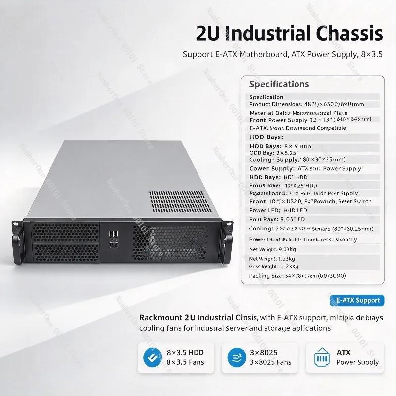 2U650 Industrial Server Chassis, Support E-ATX & ATX Motherboard, ATX PSU, 8 Hard Drive Bays