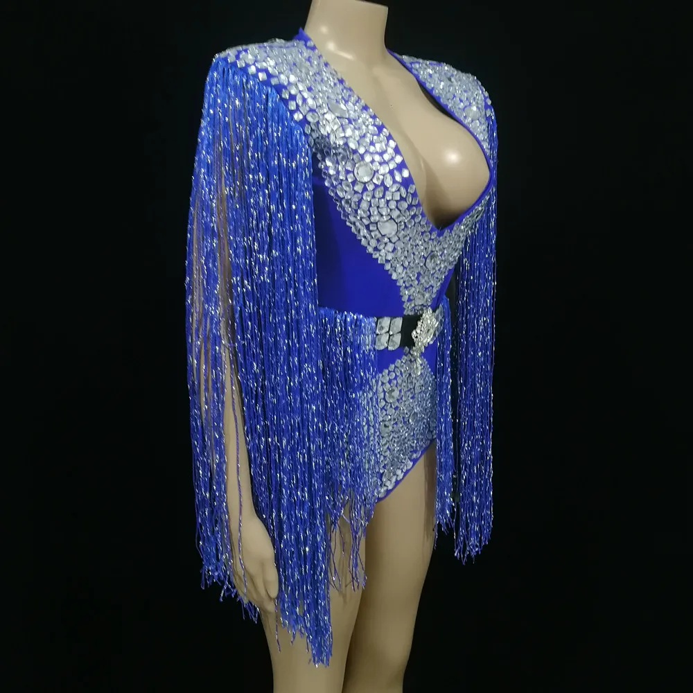 Blue Fringe Shiny Rhinestones Bodysuit Tassel Belt Women Singer Performance Dance Outfits Birthday Celebrate Stage Costume