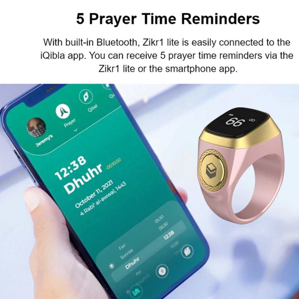 Iqibla Smart Tasbih Tally Counter for Muslims Zikr Ring Digital Tasbeeh 5 Prayer Time Vibration Reminder Smart Praise Ring