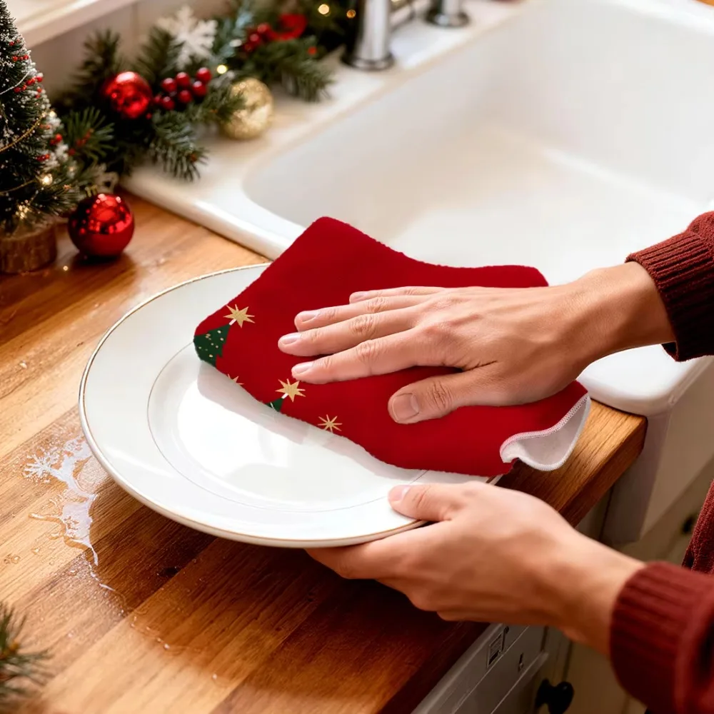 2PCS Star Christmas Tree Pattern Merry Christmas Kitchen Towel Water-absorbent Washable Dish Washing Cloth Fade-resistant