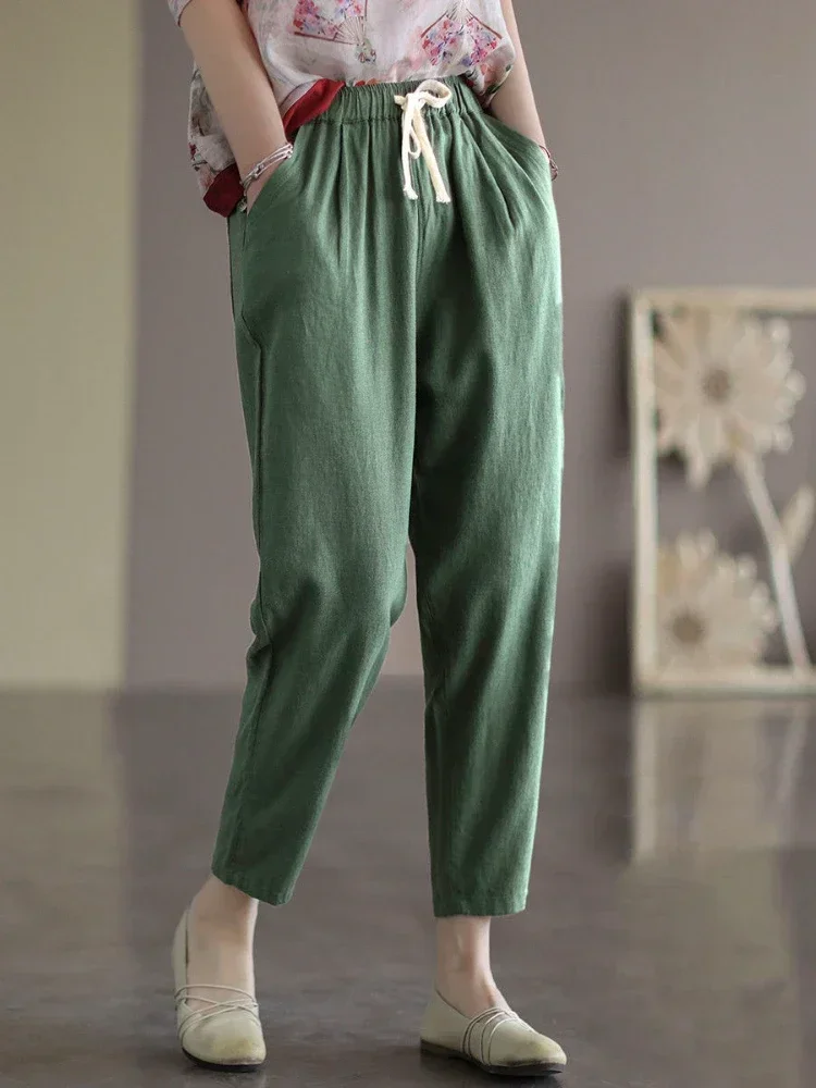 القطن الكتان سراويل تقليدية للنساء في 2024 جديد فضفاض سليم رقيقة الدانتيل متابعة الكاحل طول السراويل الرجعية مرونة الخصر سراويلي حريمي النساء #6