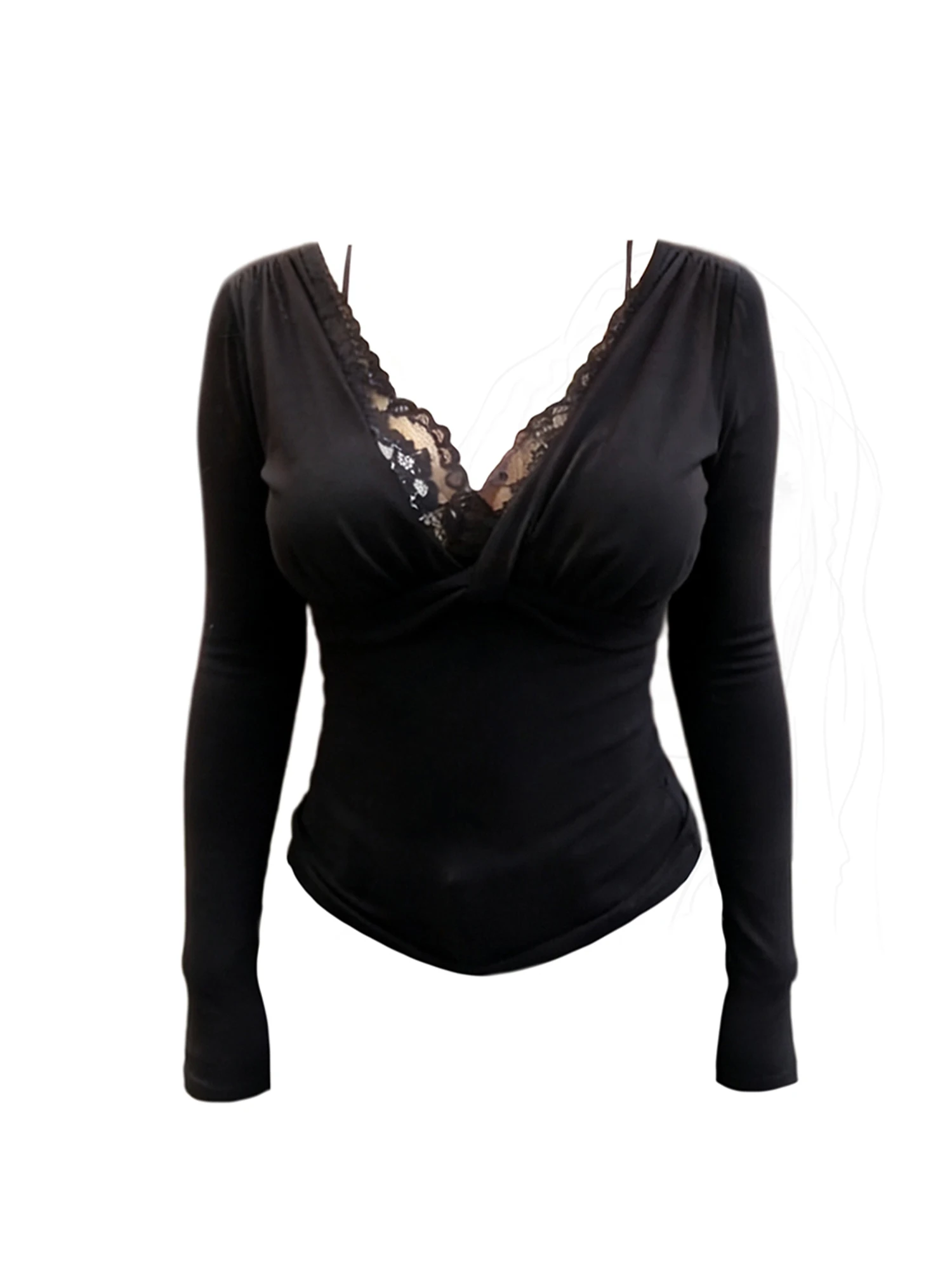 

Women Black Gothic Emo Lace Patchwork Y2k T-shirt Gyaru Tee Top 2000s Vintage Long Sleeve Oversize V-Neck T-shirts Clothes 2025