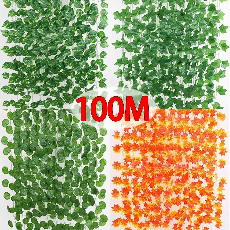 100-2M Artificial Ivy Garlands Greenery Rattan Creeper Green Leaf Vine DIY Hanging Plants Foliage Fake Flowers Leaves Home Decor