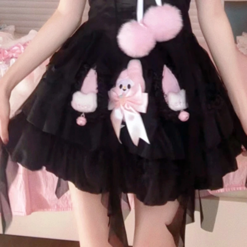 Cartoon Pattern HelloKitty Spicy Girl Y2K Ruffled Lolita Black Pink Sweet Princess Hollow Waist Black Tank Top/short Skirt