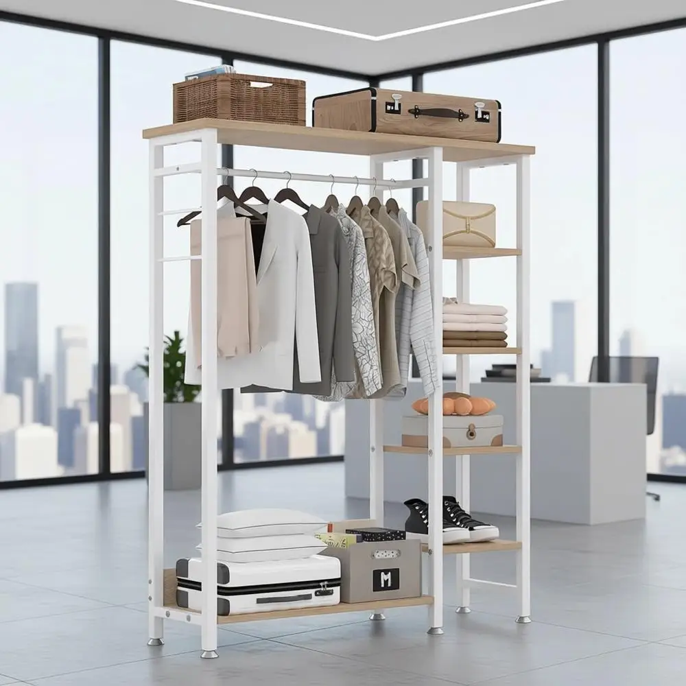 

Sturdy 5-Shelf Garment Rack with Hanging Bar, White Oak Finish, Suitable for Small Spaces, 350lbs Capacity