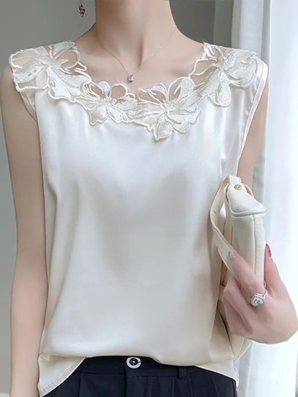 Ele Lace Splice okrągły dekolt Ne Svel Kamizelka Damska Nowość 2025 Elegancka Wyszczuplająca Bielizna Wewnętrzna Satynowa Bluzka Do Pracy Luźny Krój