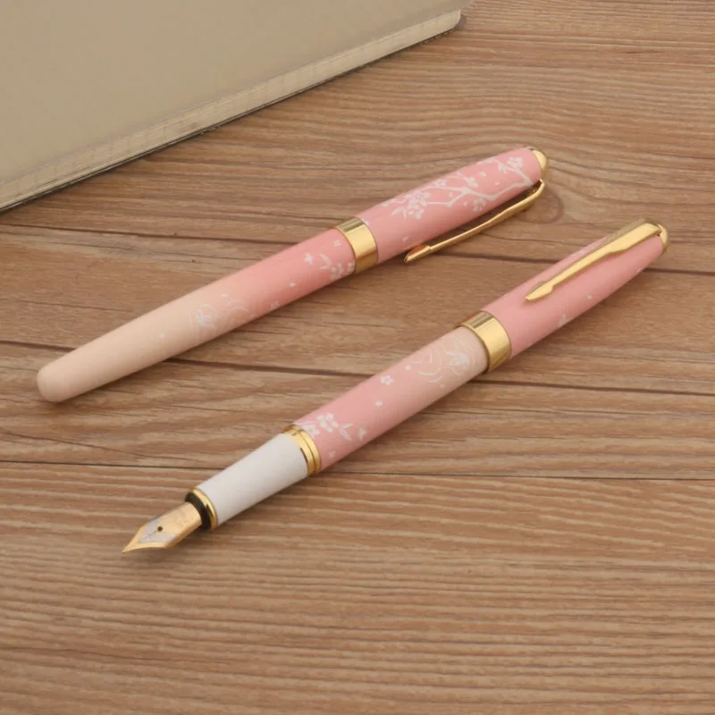 Ink Metal Fountain Pen, Pink Flowers F Nib, Material para Escritório e Negócios, Material Escolar, 83, 1Pc + 10 Pcs