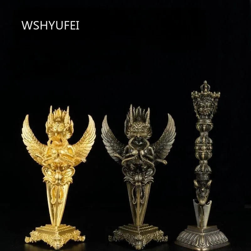 Tibetan Buddhist Vajra Phurba Pestle Statue Set Garuda Bird God Ornament Metal Ritual Implement Altar Worship Decoration