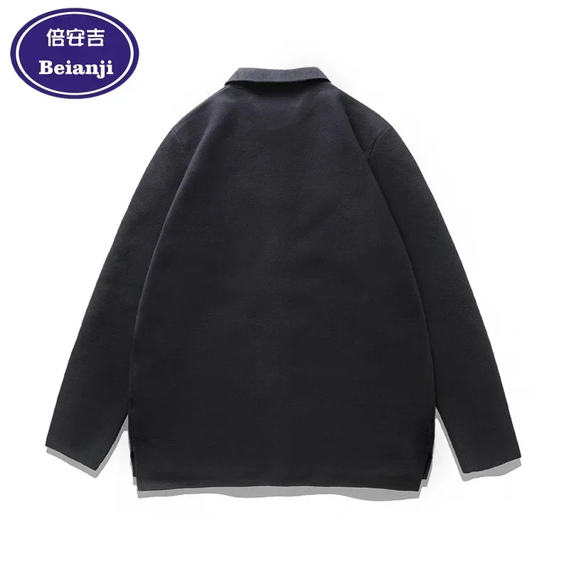 Cardigan Knit Sweater Men 2025 Autumn Winter Navy Color Soft Fleece Sherpa Workwear Loose Button Long Sleeve Top Jacket Beianji