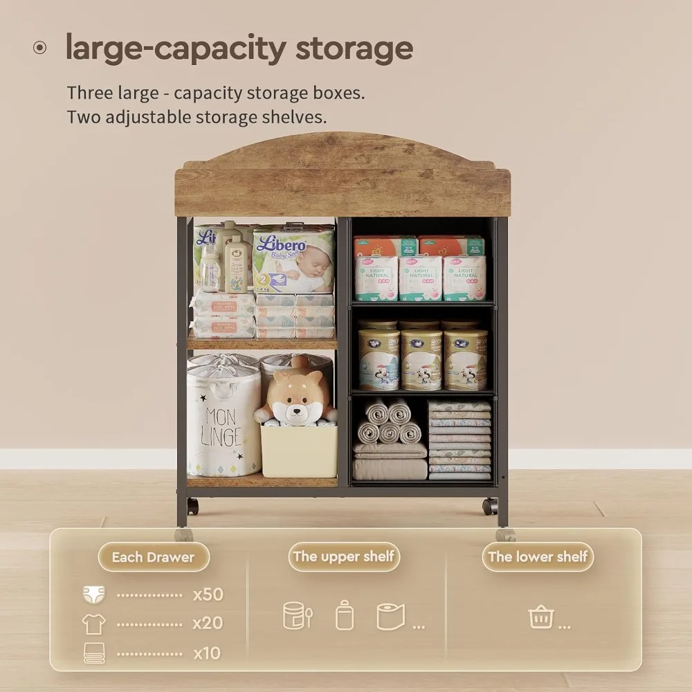 Changing Table Dresser, Baby Dresser with 3 Fabric Drawers and 2 Shelves, Multi-Functional Baby Changing Table with Pad, Classic