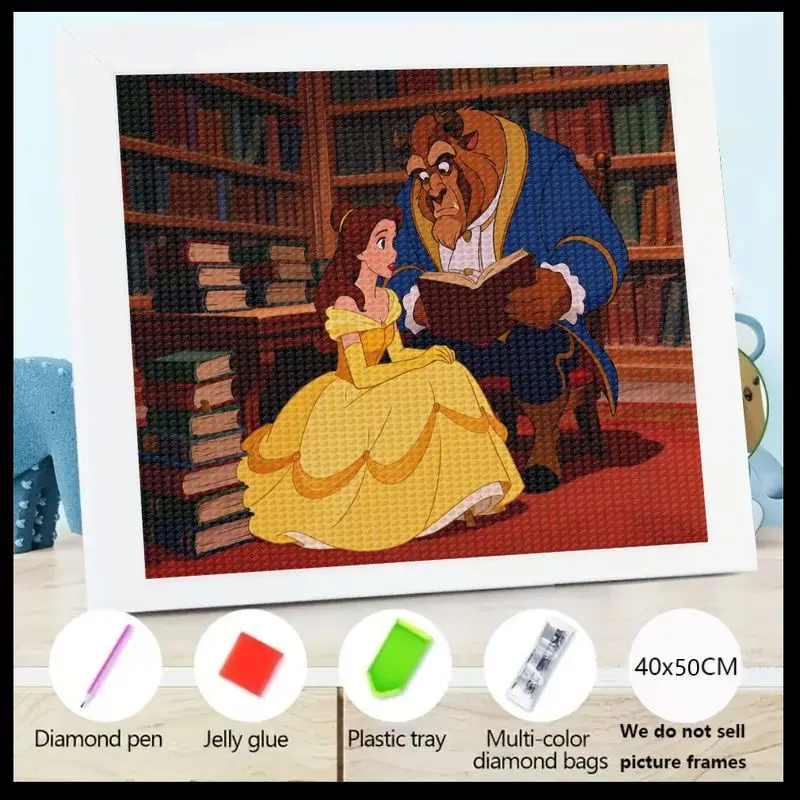 

5D Full Drill Diamond Painting Kit Featuring Disney's Beauty and the Beast Belle and Beast Reading in Enchanted Library Scene, D