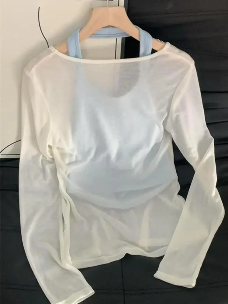 الرغبة النقية مثير الأبيض V-Ne طويل Sve أعلى + ter Ne صديرية دائرية المرأة قطعتين مجموعة رقيقة Sunade التستر تي شيرت