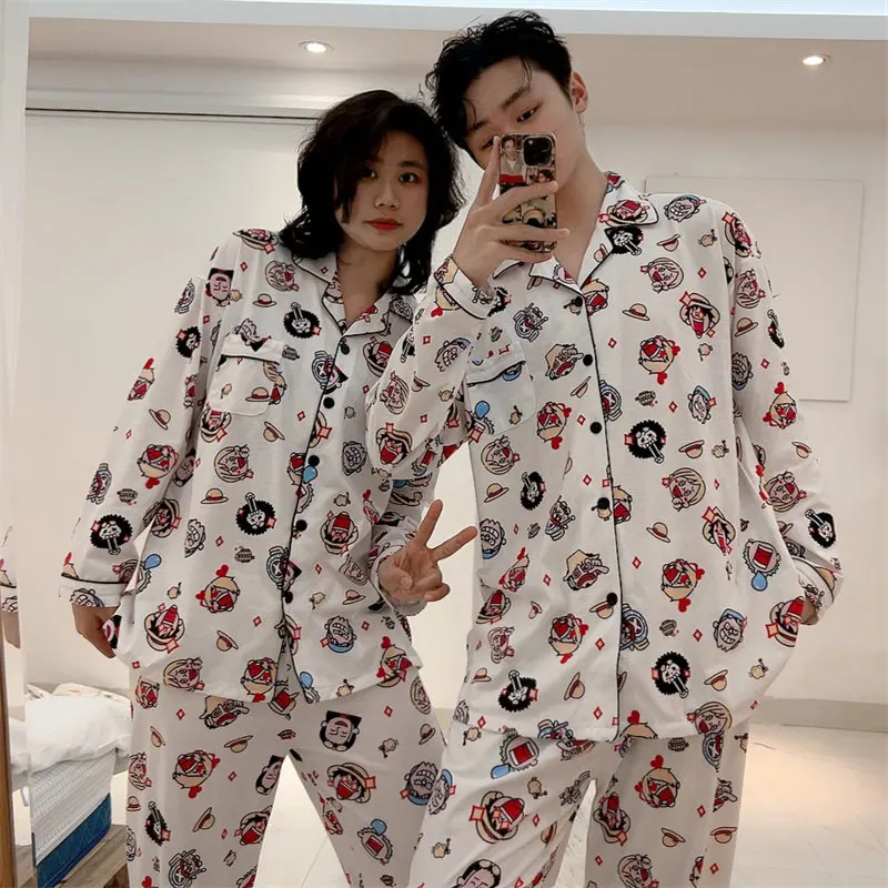 Cartoon One Piece Pajamas Anime Pure Cotton Soft Comfortable Leisure Wear Cute Long Sleeved Pants Lovers Men Women Pajamas Gift