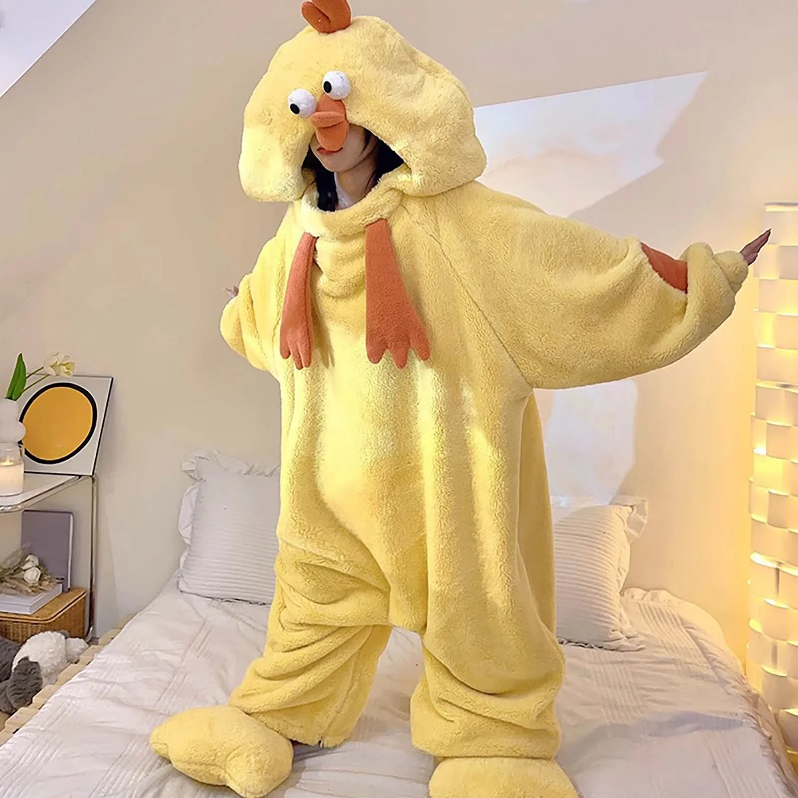 Oversize Little Yellow Chicken One-piece Pajamas Flannel Cute Funny Girls Homewear Cartoon Jumpsuit Winter Warm Couple Sleepwear