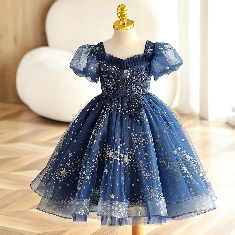 Baby Girls Star Sequins Blue Dresses Children Royal Lolita Princess Ball Gown Kids Birthday Tulle Dress Infant Boutique Clothes