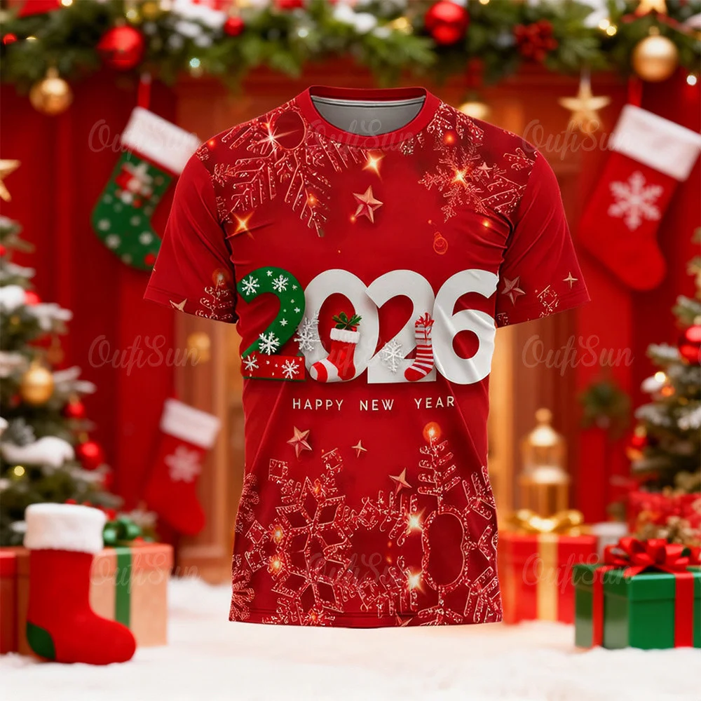 2026 New Year Red T-shirt Unique Sublimation Snow Christmas New Year Viral Holiday Family Clothes Round Neck Short Sleeve Tee