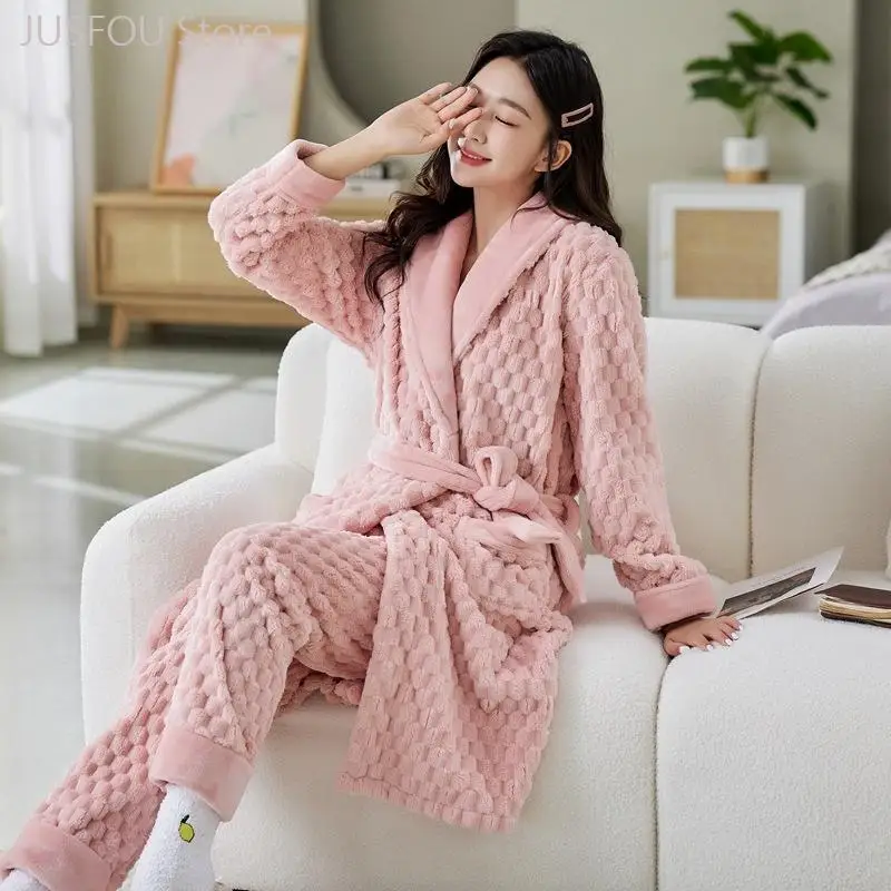Women Autumn Winter Coral Fleece 2Pcs Robe And Pant Set Thick Warm Bathrobe Gown Casual Home Wear Sleepwear Nightwear
