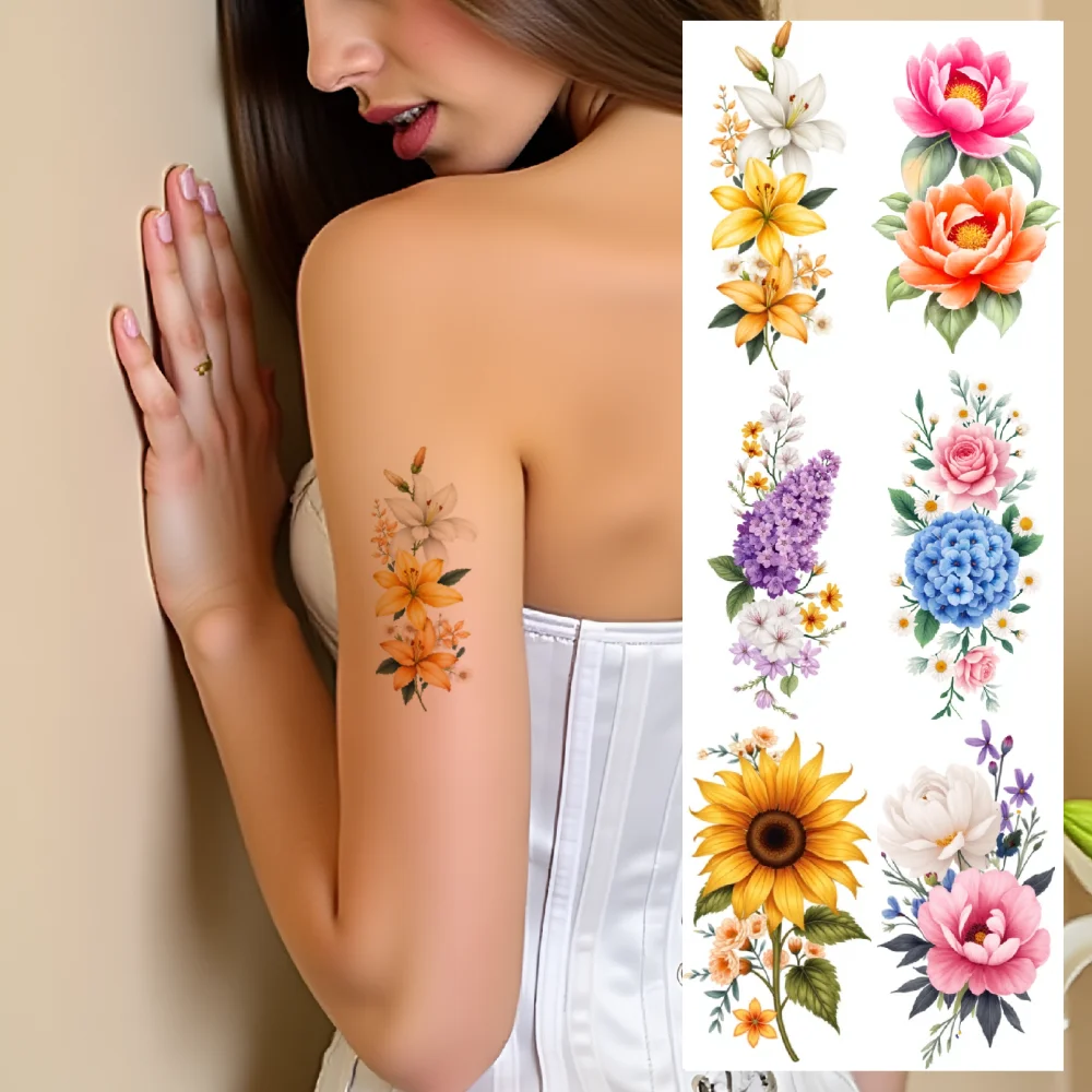 

9pcs Temporary Tattoo Waterproof Long-lasting Body Stickers Orchids Lilies Floral Stickers For Arms Back Male