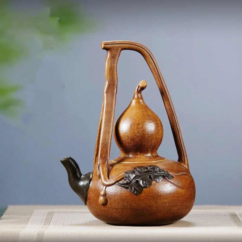 420ml Yixing Purple Clay Teapots Artists Handmade Gourd Lifting Handle Pot Raw Ore Section Mud Tea Brewing Kettle Zisha Tea Set