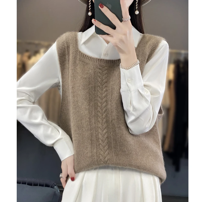 100% pure wool autumn and winter new vest women's knitted cashmere sweater vest sleeveless square neck sling solid color Joker. image 2