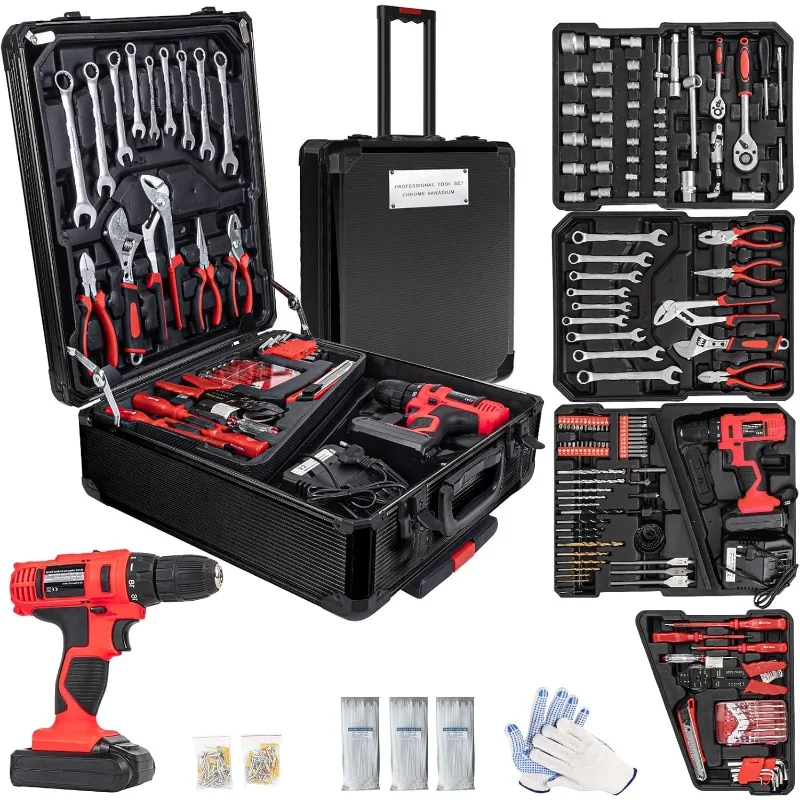 346 Pieces Tool Set, 18V Drill Set, Men's Cordless Drill, Home DIY Hand Tool Kit, 18+1 Clutch Cordless Drill Set