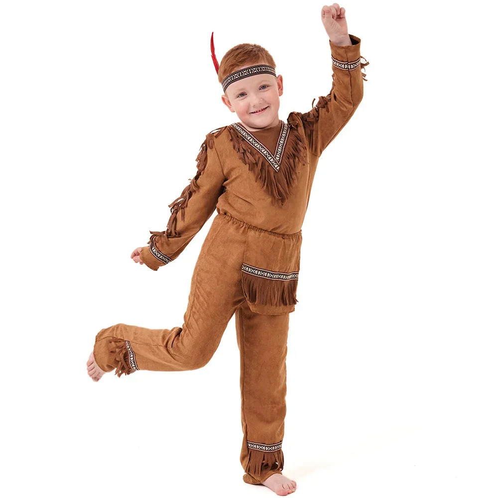 Kids Halloween Native Costume Boys Brown Color American Indian Tribal Warrior Outfits