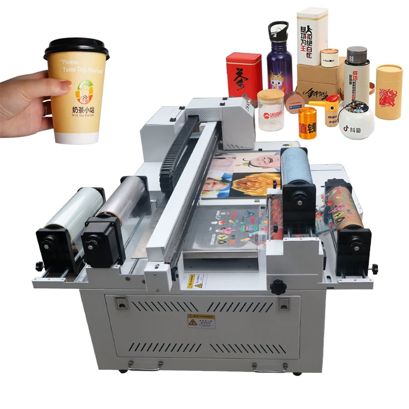 UV Flatbed Printer Combining UV DTF Printing Machine Useful Rotary Device For Printing On Round Objects, Cup, Wine Bottle, Mug