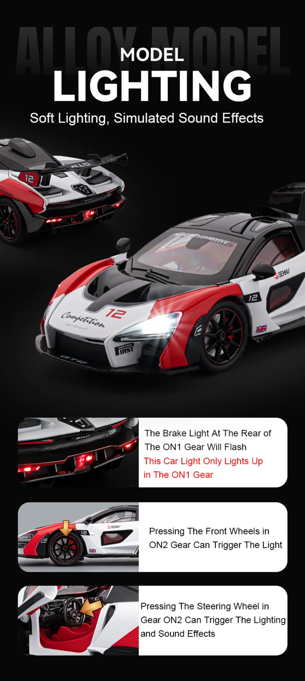 1:24 Senna GTR 720S Miniature Model Alloy Diecast Sports Car Toys Front Wheel Steering Sound Light Pull Back Boys Festival Gifts