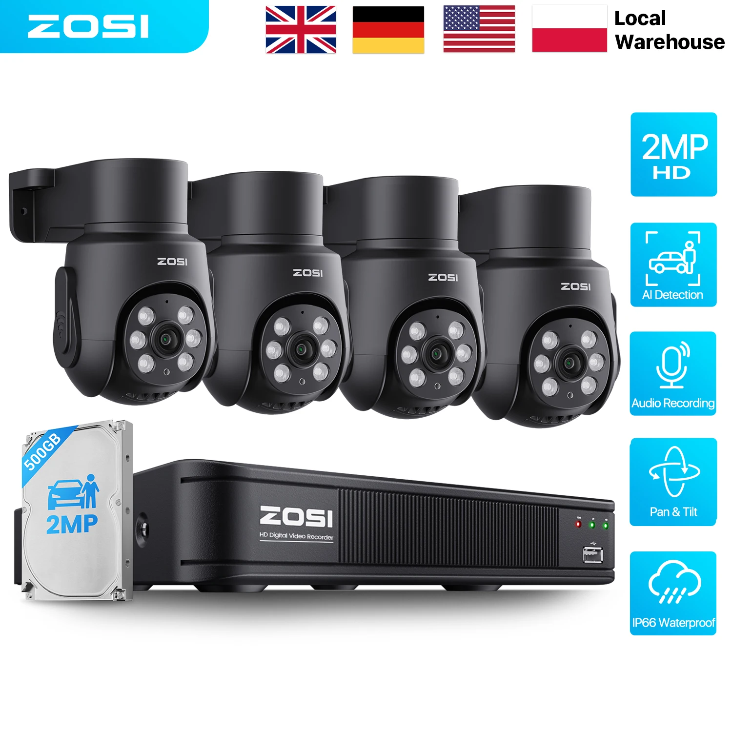 ZOSI 8CH CCTV Security Camera System 5MP 8-Channel DVR 2MP 360° PT Audio Camera Built-in Microphones Home Video Surveillance Kit Outdoor Indoor Camera