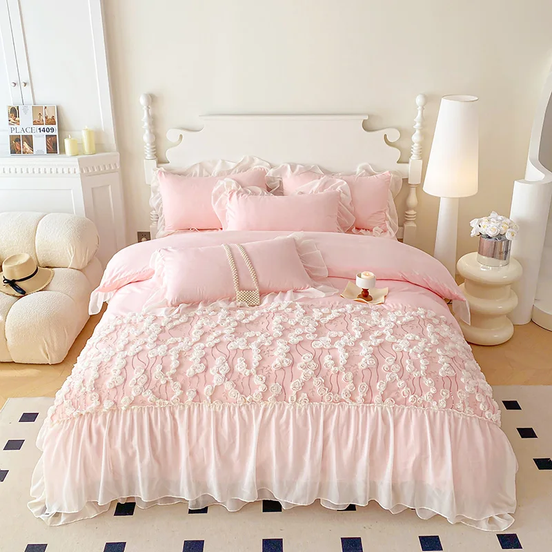 Pink Bedding Set with Lace for Girls Princess Style Duvet Cover Sets Lace Flower Bed Sheet Set Single/Queen/King Bedding Bed Set