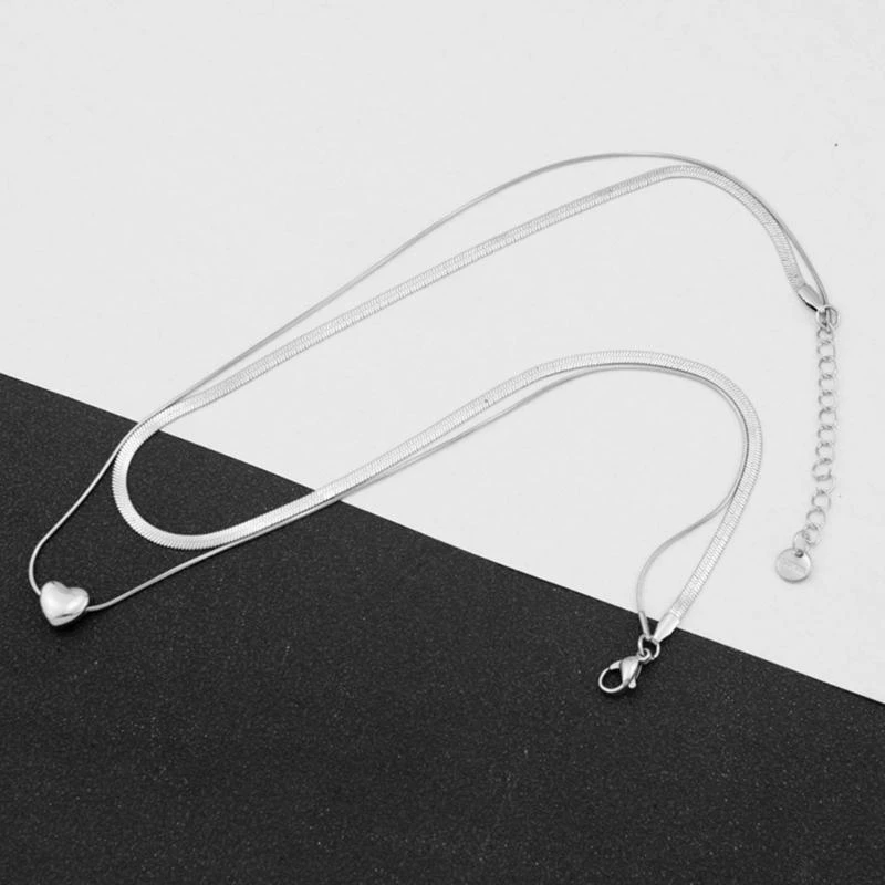  Fashion Heart Necklace Double-layer Lock Clavicle Chain Heart Pendant Choker