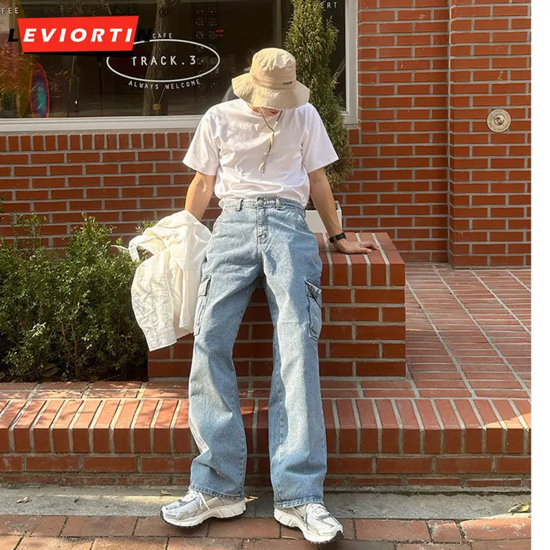 2024 Spring new fashionable men's straight tube retro solid color denim work pants Korean version trendy loose wide leg pants