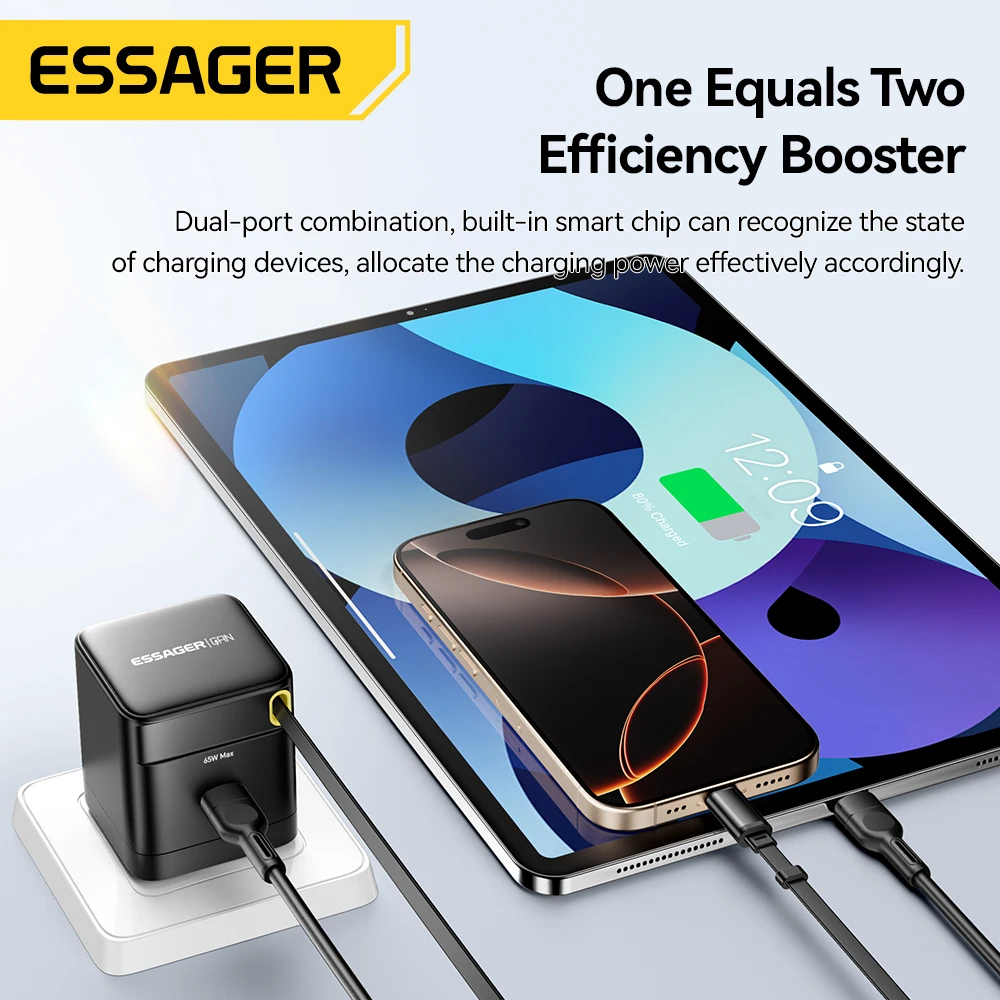Ładowarka Essager 65W GaN z wysuwanym elastycznym kablem PD Szybkie ładowanie dla iPhone 16 15 Laptop Macbook Ładowarka do telefonu typu C — zdjęcie produktu 5