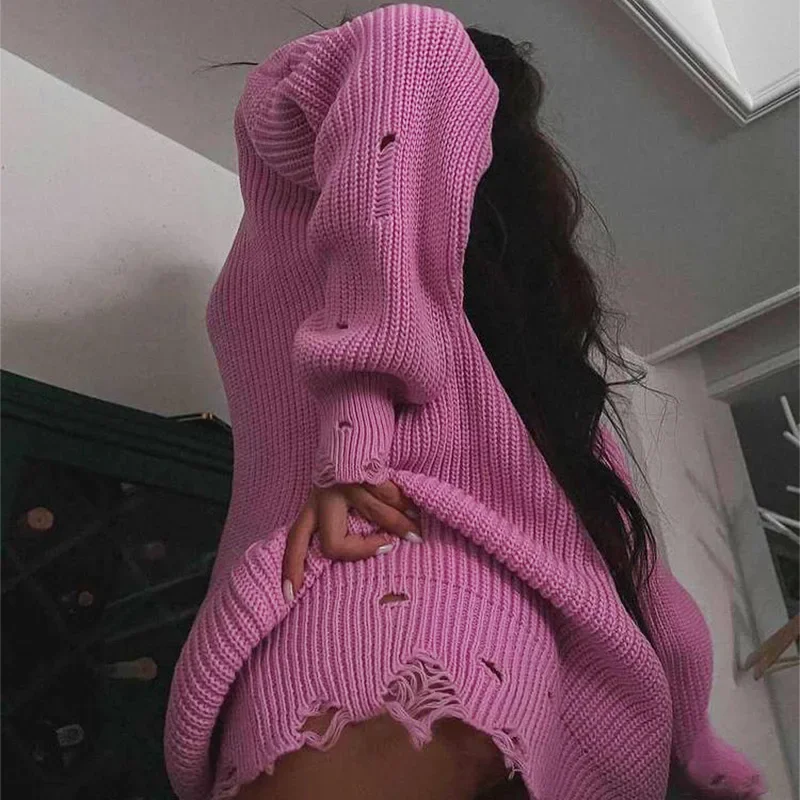Women y2k Aesthetic Sweater Loose Autumn Winter Ripped Hole Women Knitted Sweaters Long Sleeve Solid Color Pullovers Streetwear